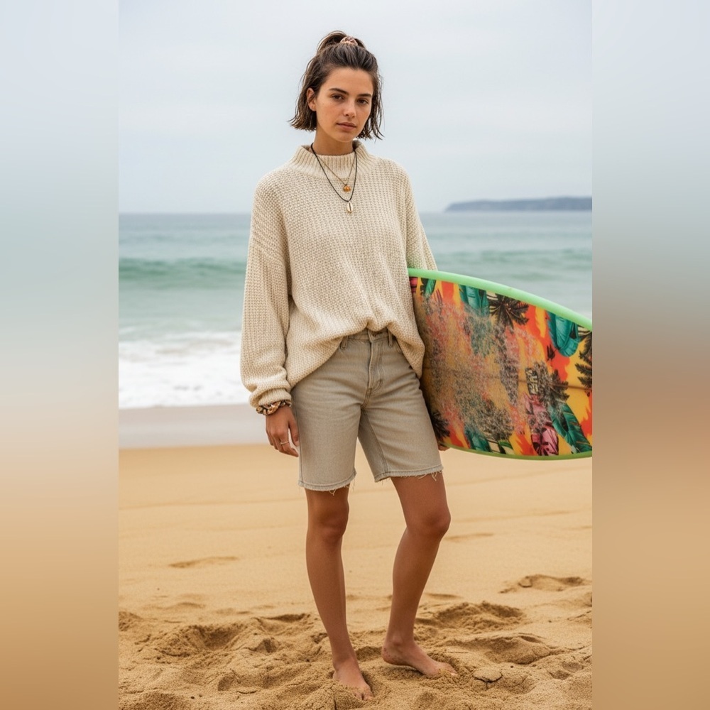 RVCA Chunky Knit Mock Neck Sweater Women’s L Cream Relaxed Fit Natural